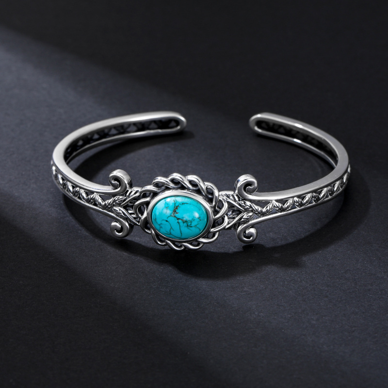 سوار من الفضة الإسترلينية بلونين منقوش بأوراق فيروزية-3