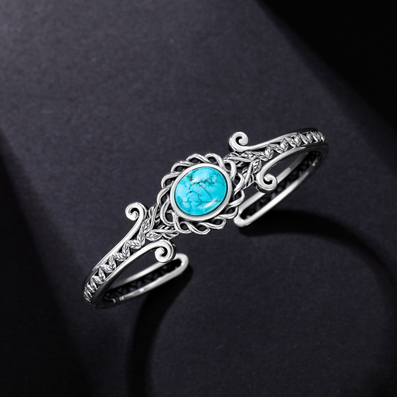 سوار من الفضة الإسترلينية بلونين منقوش بأوراق فيروزية-4