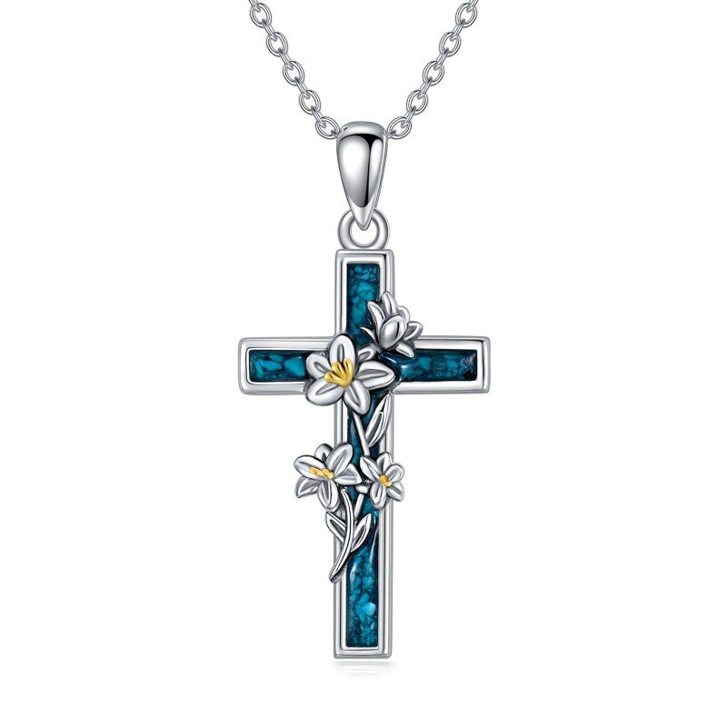 Sterling Silver Two-tone Turquoise Lily & Cross Pendant Necklace-1