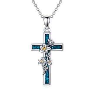 Sterling Silver Two-tone Turquoise Lily & Cross Pendant Necklace-17