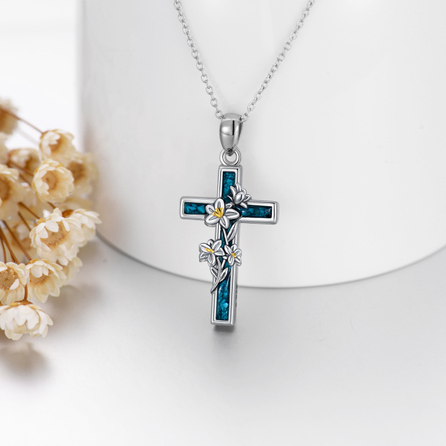 Sterling Silver Two-tone Turquoise Lily & Cross Pendant Necklace-3