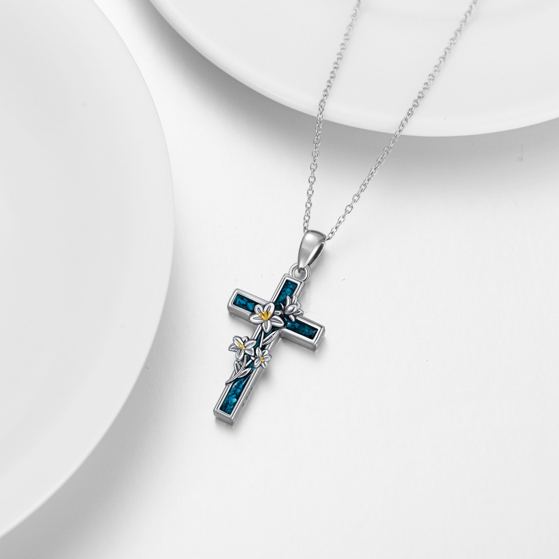 Sterling Silver Two-tone Turquoise Lily & Cross Pendant Necklace-4