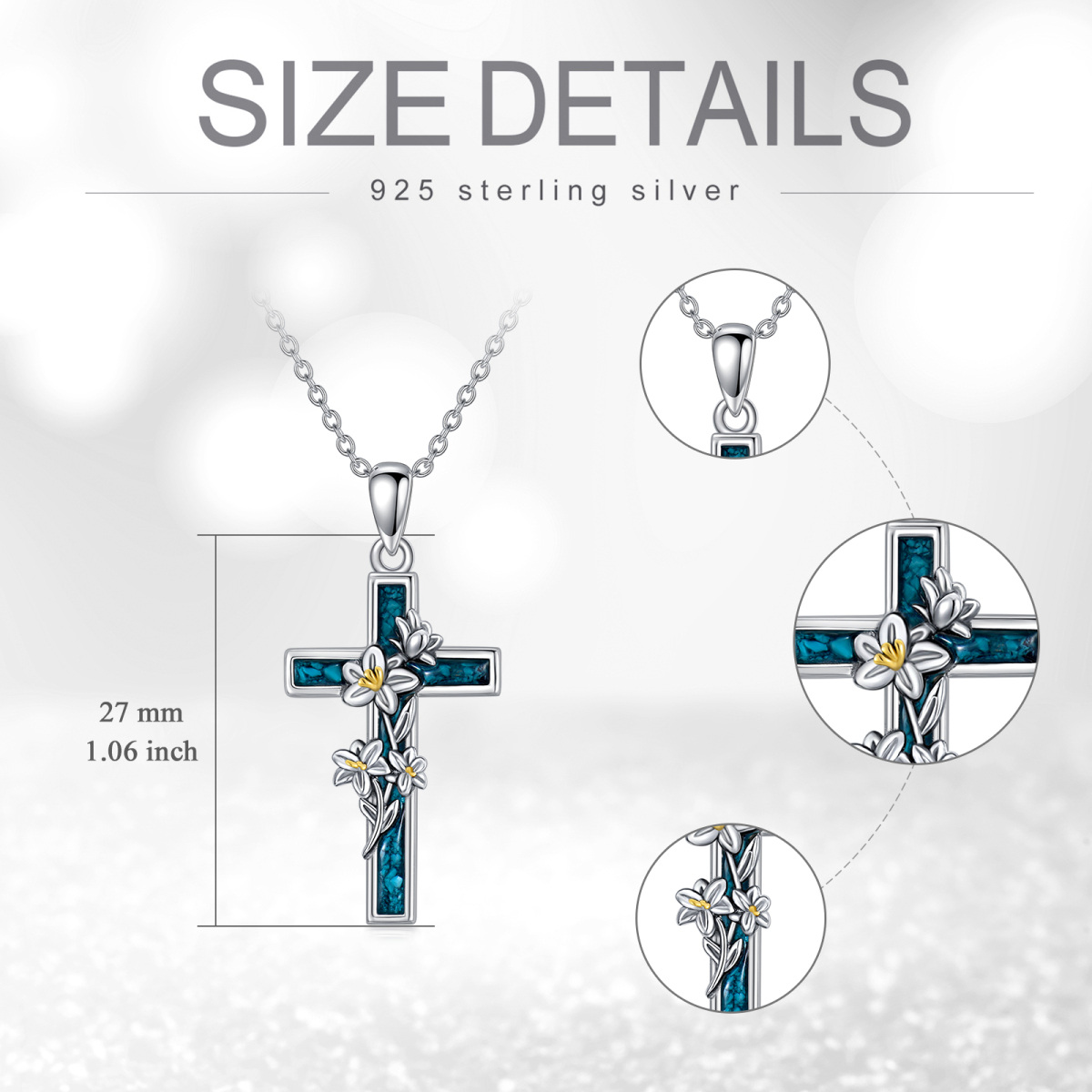 Sterling Silver Two-tone Turquoise Lily & Cross Pendant Necklace-5