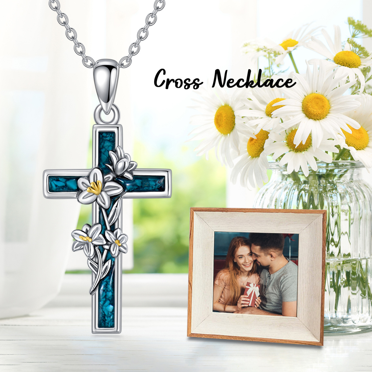 Sterling Silver Two-tone Turquoise Lily & Cross Pendant Necklace-6