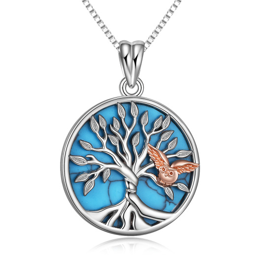 Collier pendentif arbre de vie hibou turquoise bicolore en argent sterling