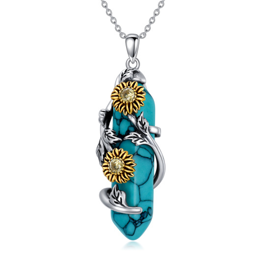 Sterling Silver Two-tone Turquoise Sunflower Pendant Necklace