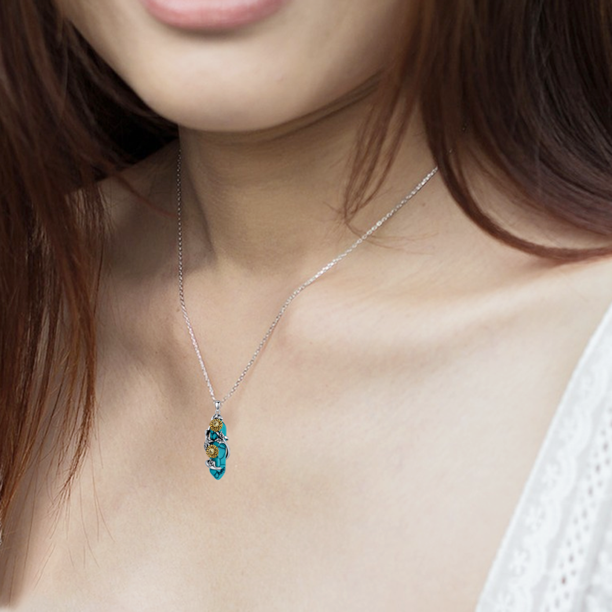 Collier en argent sterling avec pendentif tournesol en turquoise bicolore-3