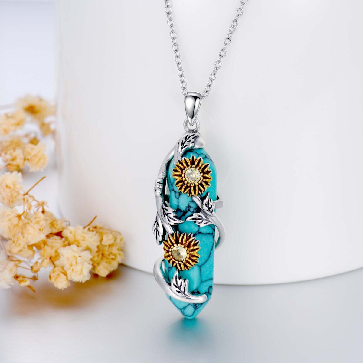 Sterling Silver Two-tone Turquoise Sunflower Pendant Necklace-4