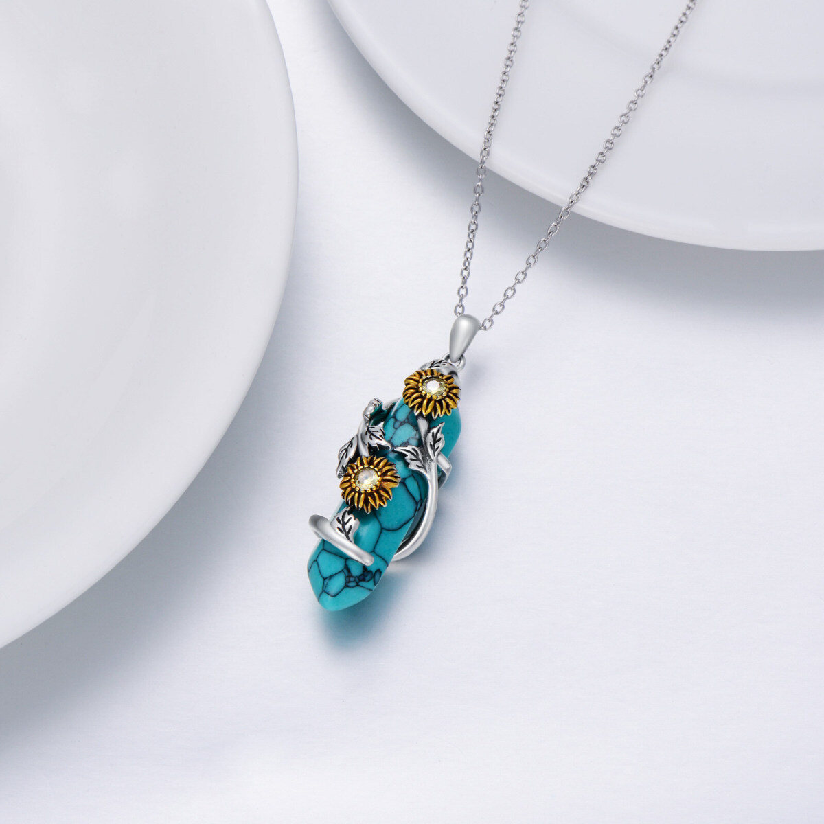 Collier en argent sterling avec pendentif tournesol en turquoise bicolore-5