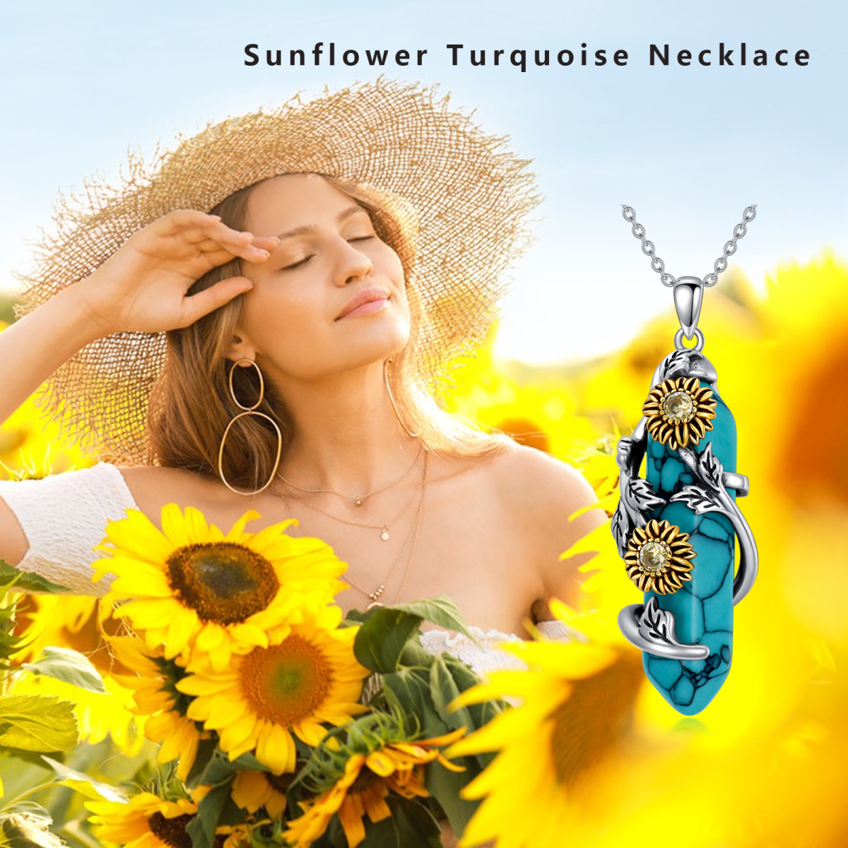 Sterling Silver Two-tone Turquoise Sunflower Pendant Necklace-7