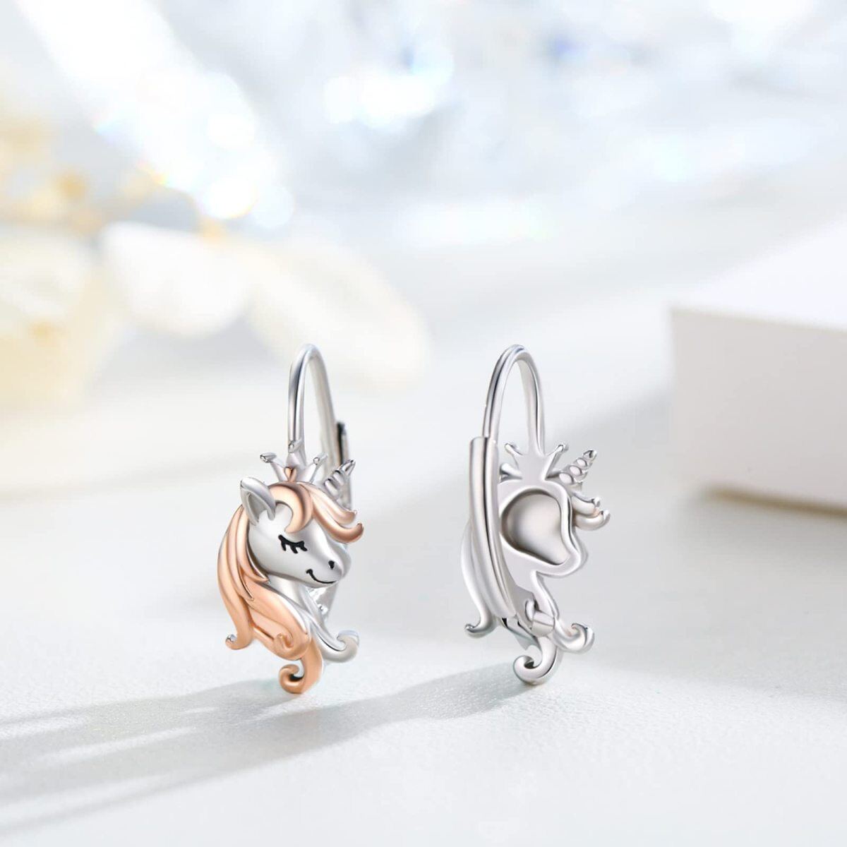 Sterling Silver Two-tone Unicorn Lever-back Earrings-4