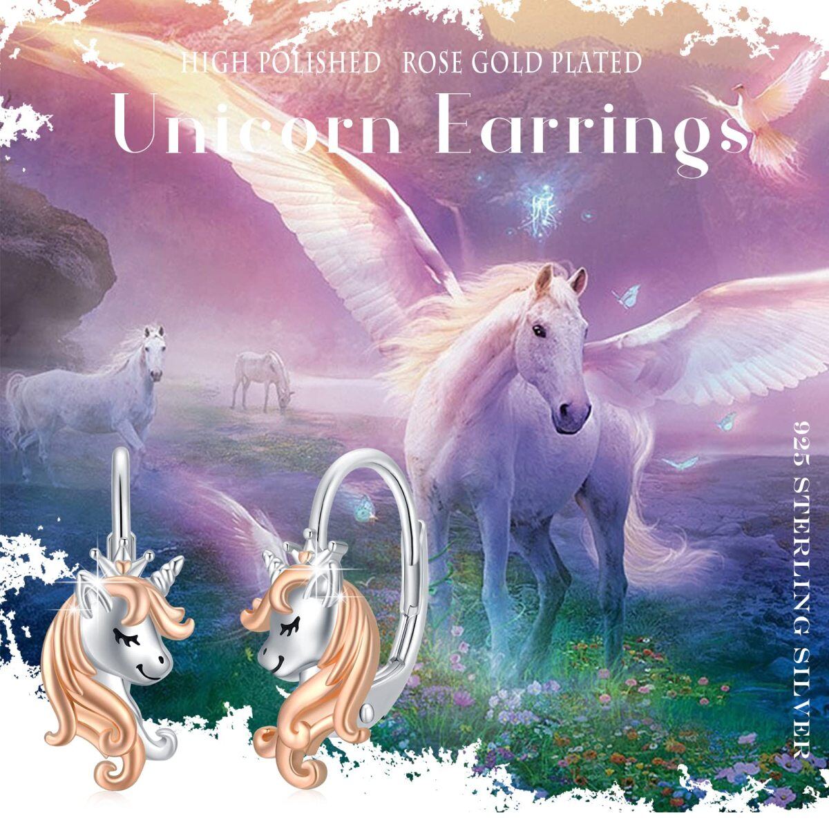 Sterling Silver Two-tone Unicorn Lever-back Earrings-5