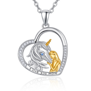 Sterling Silver Two-tone Cubic Zirconia Unicorn Pendant Necklace with Engraved Word-17