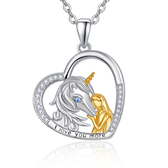 Sterling Silver Two-tone Cubic Zirconia Unicorn Pendant Necklace with Engraved Word