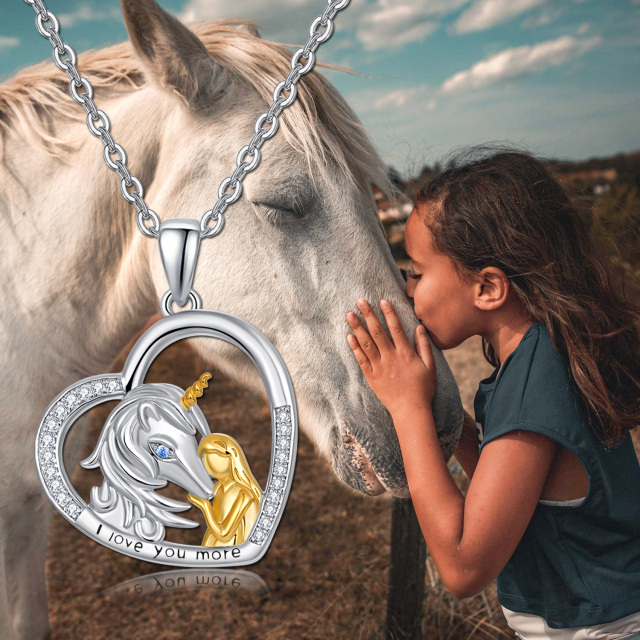 Sterling Silver Two-tone Cubic Zirconia Unicorn Pendant Necklace with Engraved Word-5