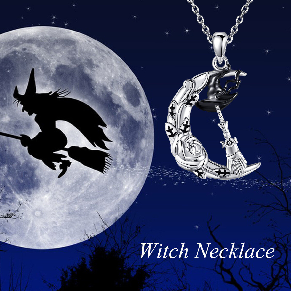 Sterling Silver Two-tone Witch Pendant Necklace-6