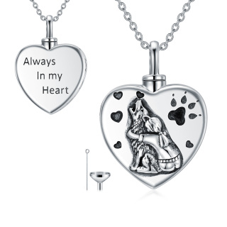 Sterling Silver Two-tone Wolf & Electrocardiogram Urn Necklace for Ashes with Engraved Word-2