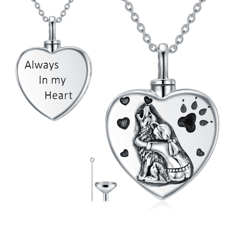 Sterling Silver Two-tone Wolf & Electrocardiogram Urn Necklace for Ashes with Engraved Word-14