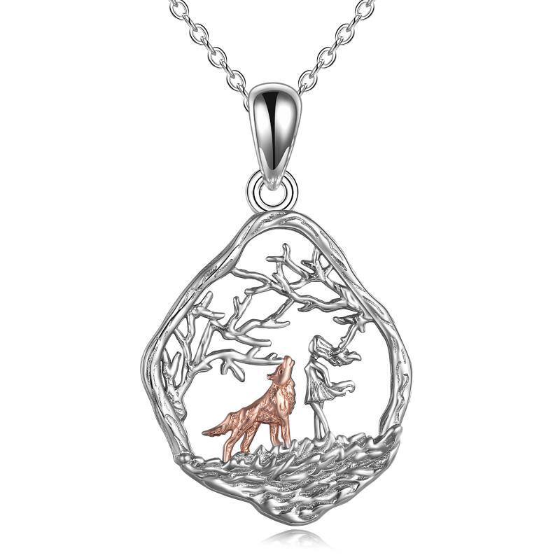 Collana con ciondolo a forma di lupo e ragazza in argento sterling bicolore-1