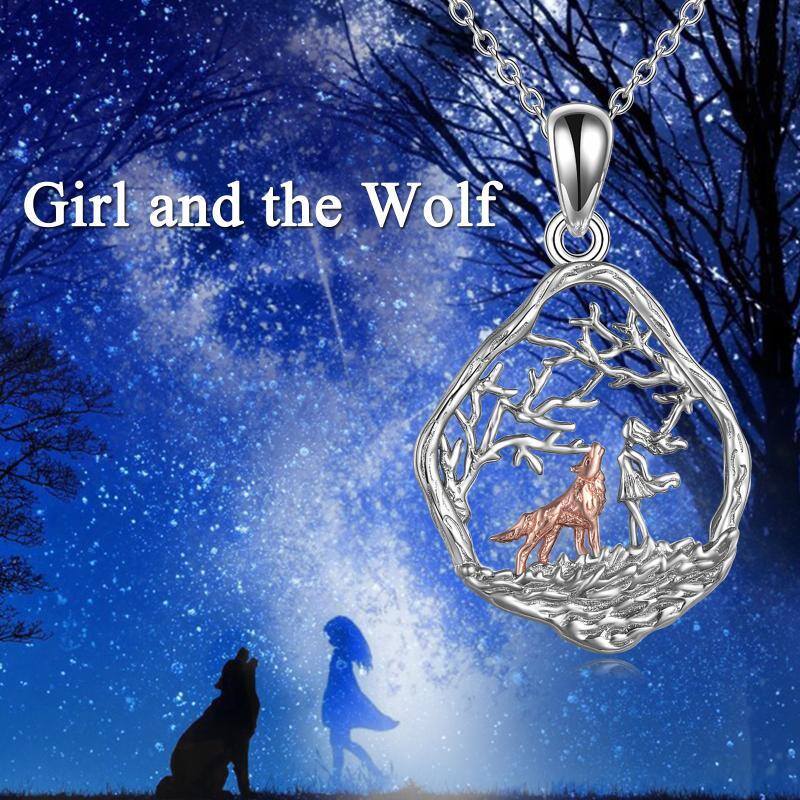 Sterling Silver Two-tone Wolf & Girl Pendant Necklace-3