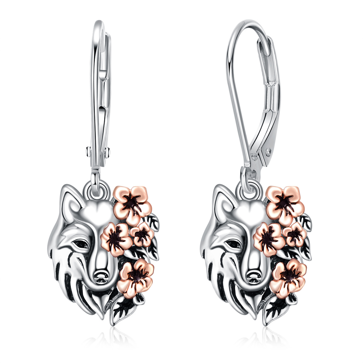 Boucles d'oreilles en argent sterling avec loup bicolore à levier-1