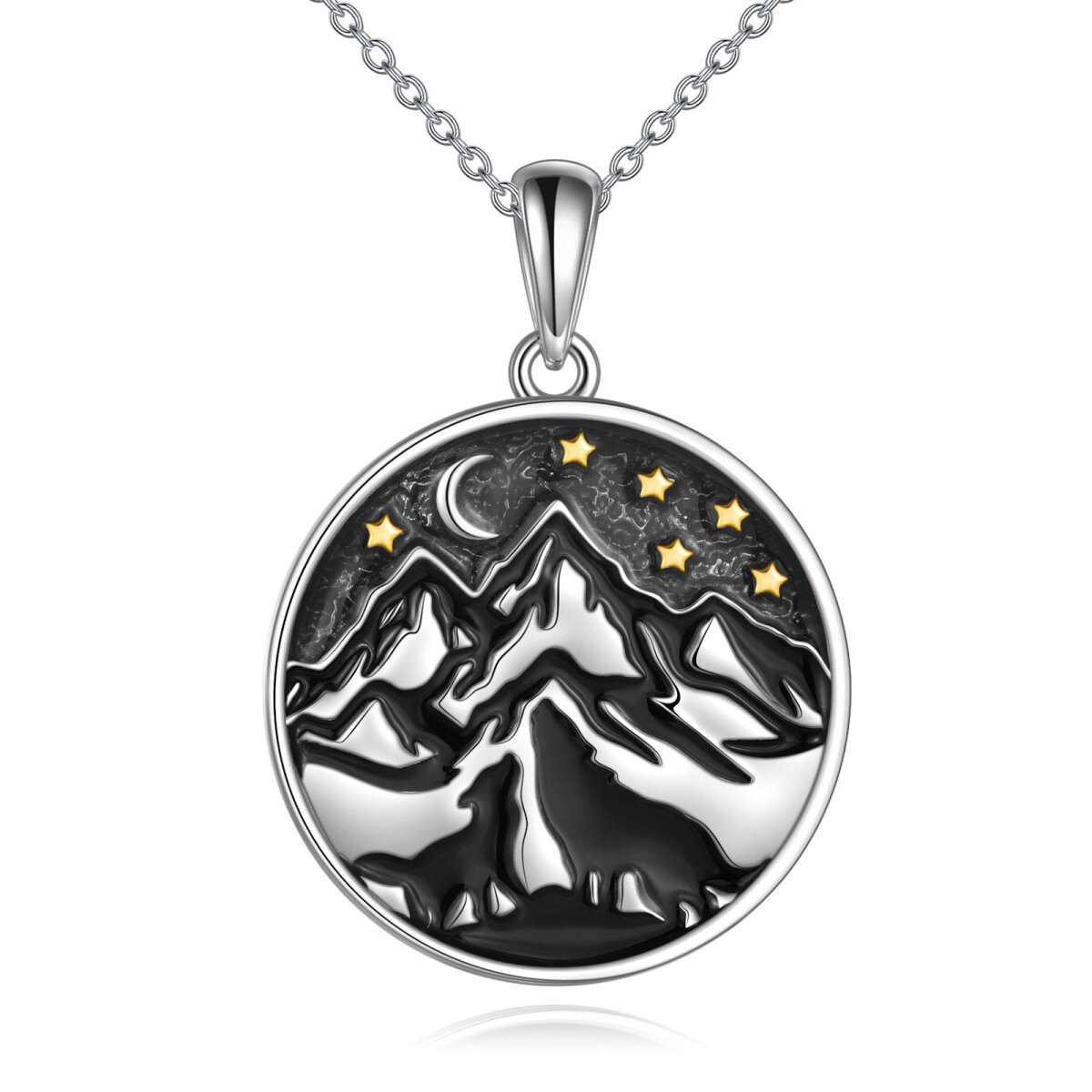 Collar con colgante de estrella de montañas y luna de lobo en dos tonos de plata de ley para mujer-1