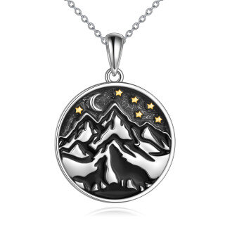 Sterling Silver Two-Tone Wolf Moon Mountains Star Pendant Necklace For Women-3