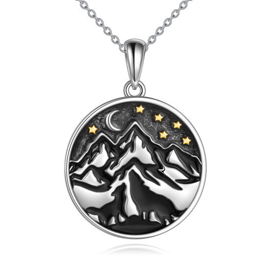 Sterling Silver Two-tone Wolf & Moon & Mountains & Star Pendant Necklace-5