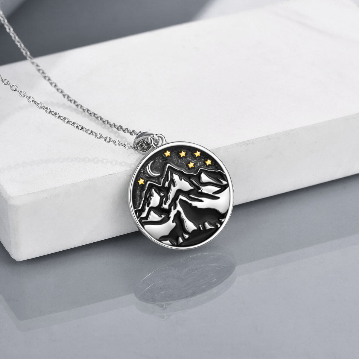 Sterling Silver Two-Tone Wolf Moon Mountains Star Pendant Necklace For Women-4