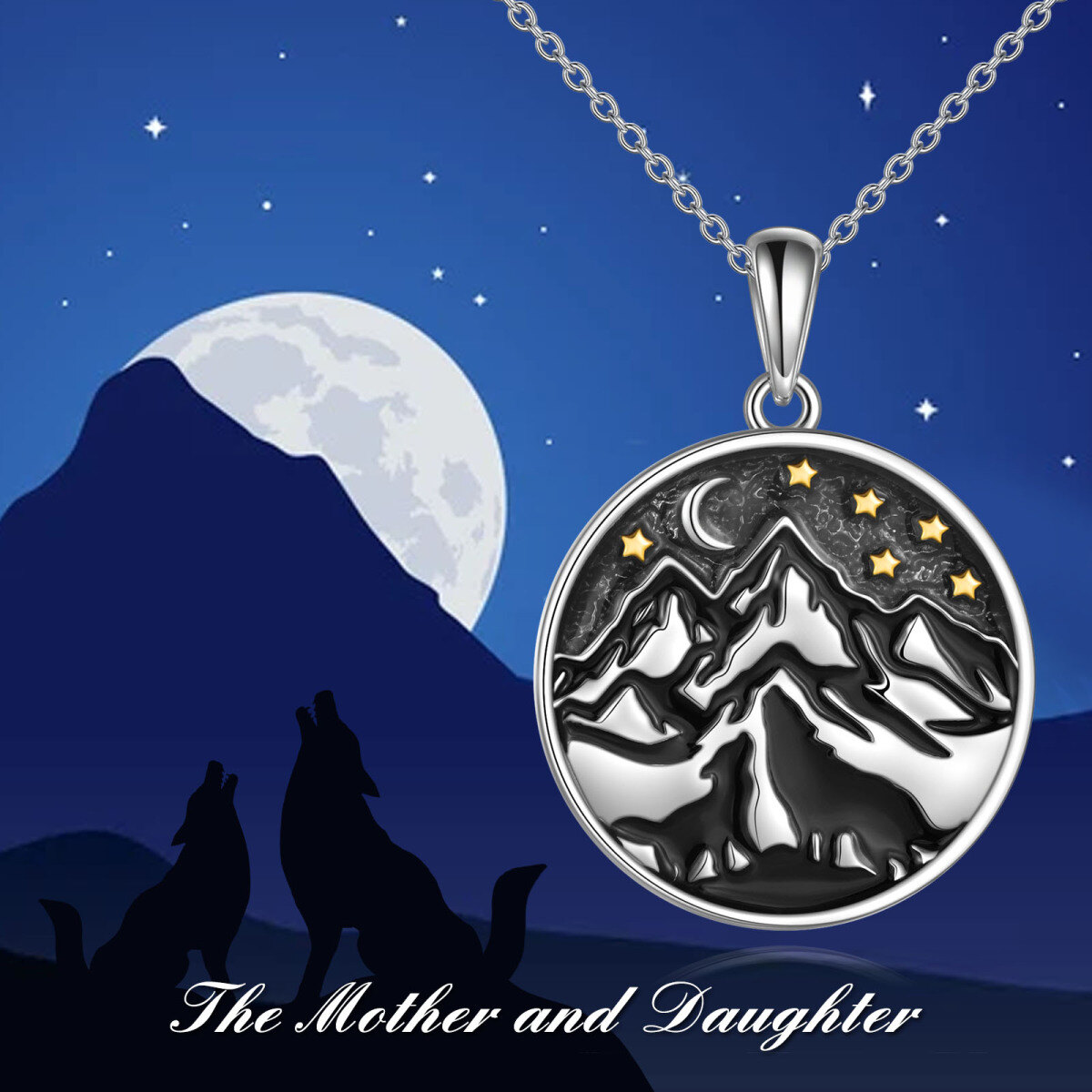 Sterling Silver Two-Tone Wolf Moon Mountains Star Pendant Necklace For Women-6