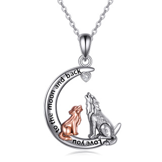 Sterling Silver Two-tone Cubic Zirconia Wolf & Moon Pendant Necklace-2