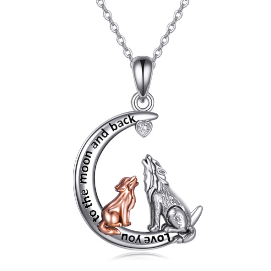 Sterling zilveren tweekleurige Cubic Zirconia wolf en maan hanger ketting