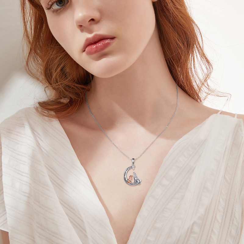 Collier en argent sterling avec pendentif loup et lune en zircon cubique bicolore-2