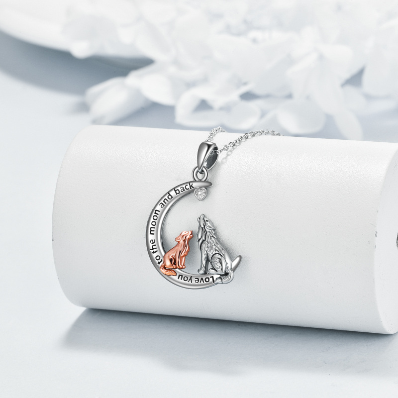 Collier en argent sterling avec pendentif loup et lune en zircon cubique bicolore-3