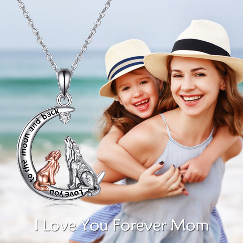 Collier en argent sterling avec pendentif loup et lune en zircon cubique bicolore-6