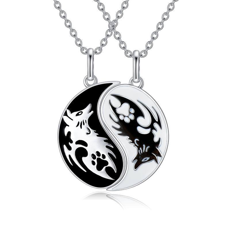 Sterling zilveren tweekleurige Wolf & Paw Yin Yang hanger paar kettingen-1