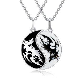 Sterling Silver Two-tone Wolf & Paw Yin Yang Pendant Couple Necklaces-39