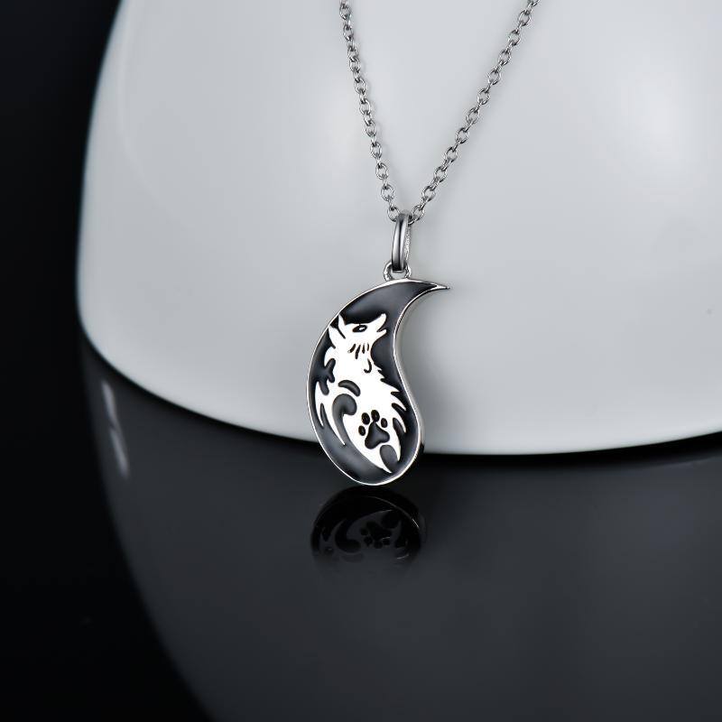 Sterling Silver Two-tone Wolf & Paw Yin Yang Pendant Couple Necklaces-5