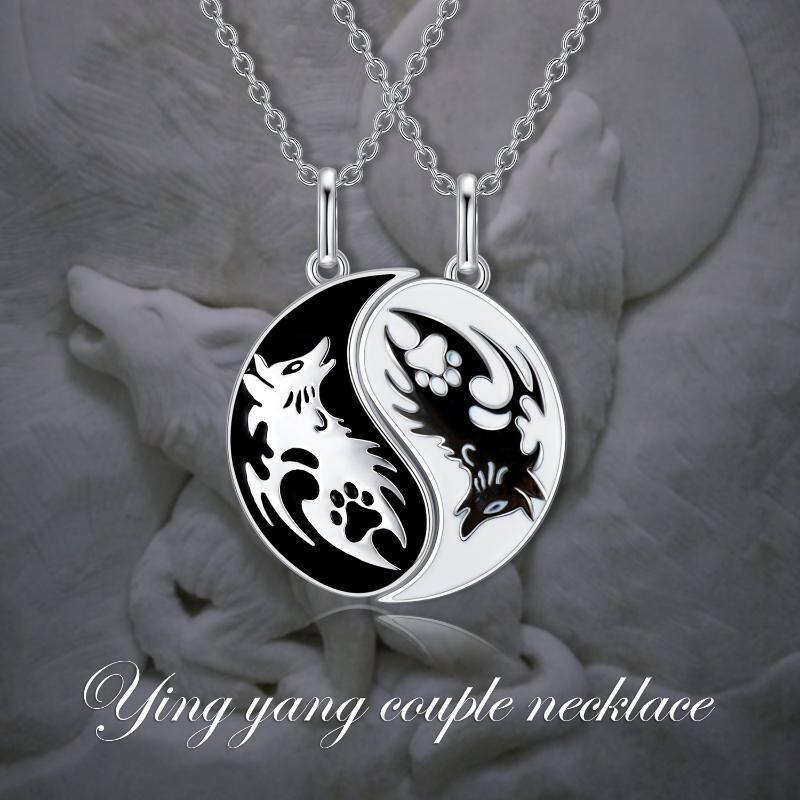 Sterling Silver Two-tone Wolf & Paw Yin Yang Pendant Couple Necklaces-6