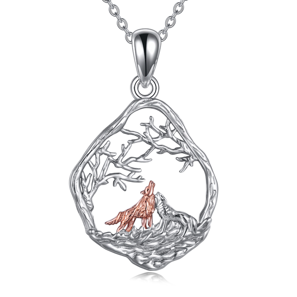 Sterling Silver Two-tone Wolf Pendant Necklace-1