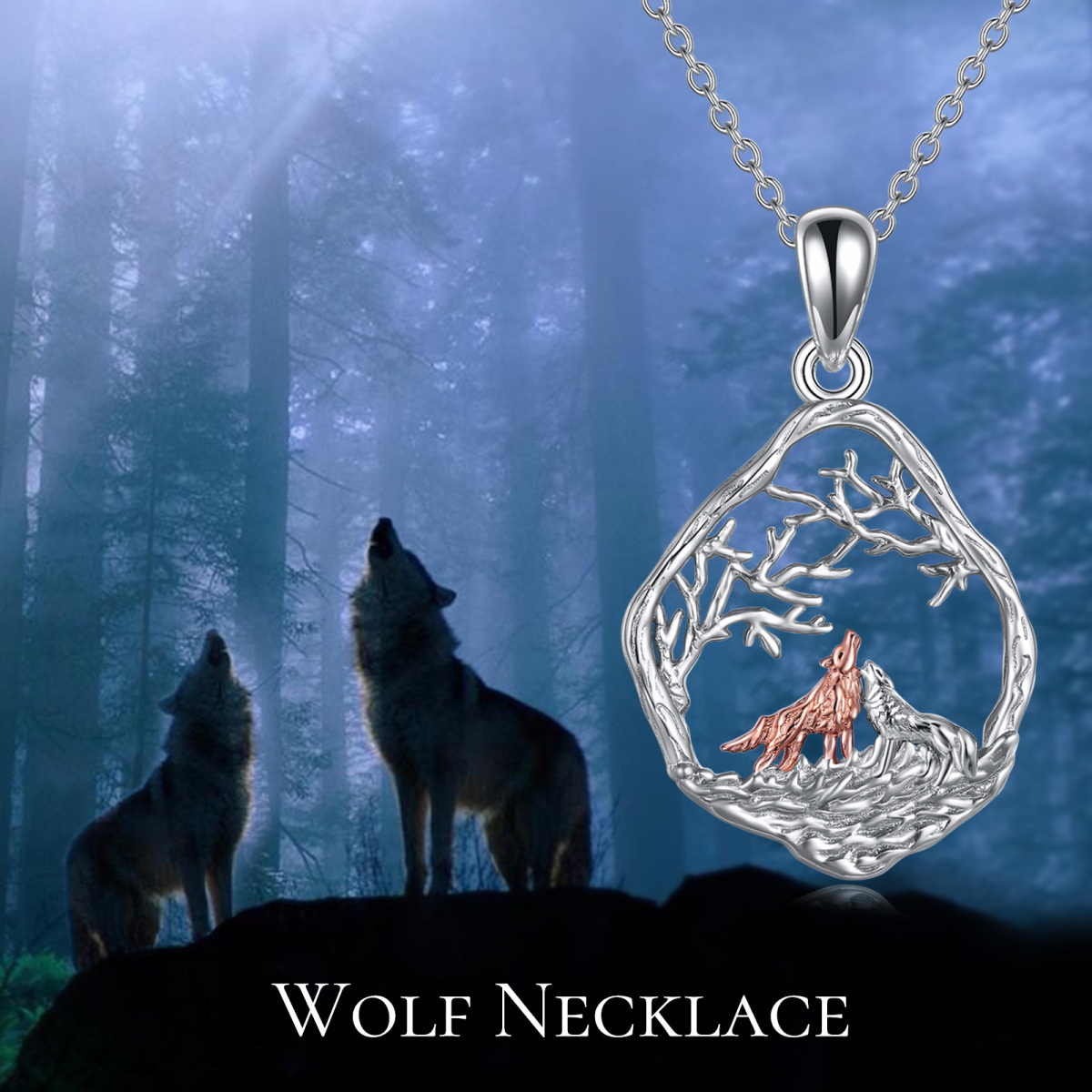 Collier en argent sterling avec pendentif loup bicolore-6