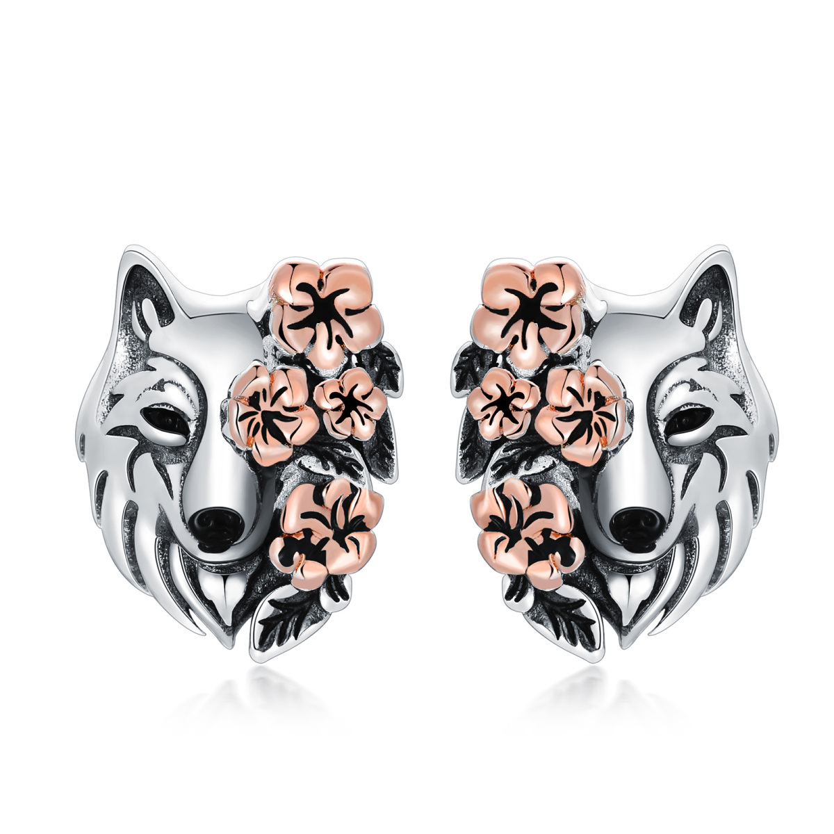 Sterling Silver Two-tone Wolf Stud Earrings-1