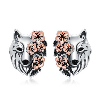 Sterling Silver Two-tone Wolf Stud Earrings-34