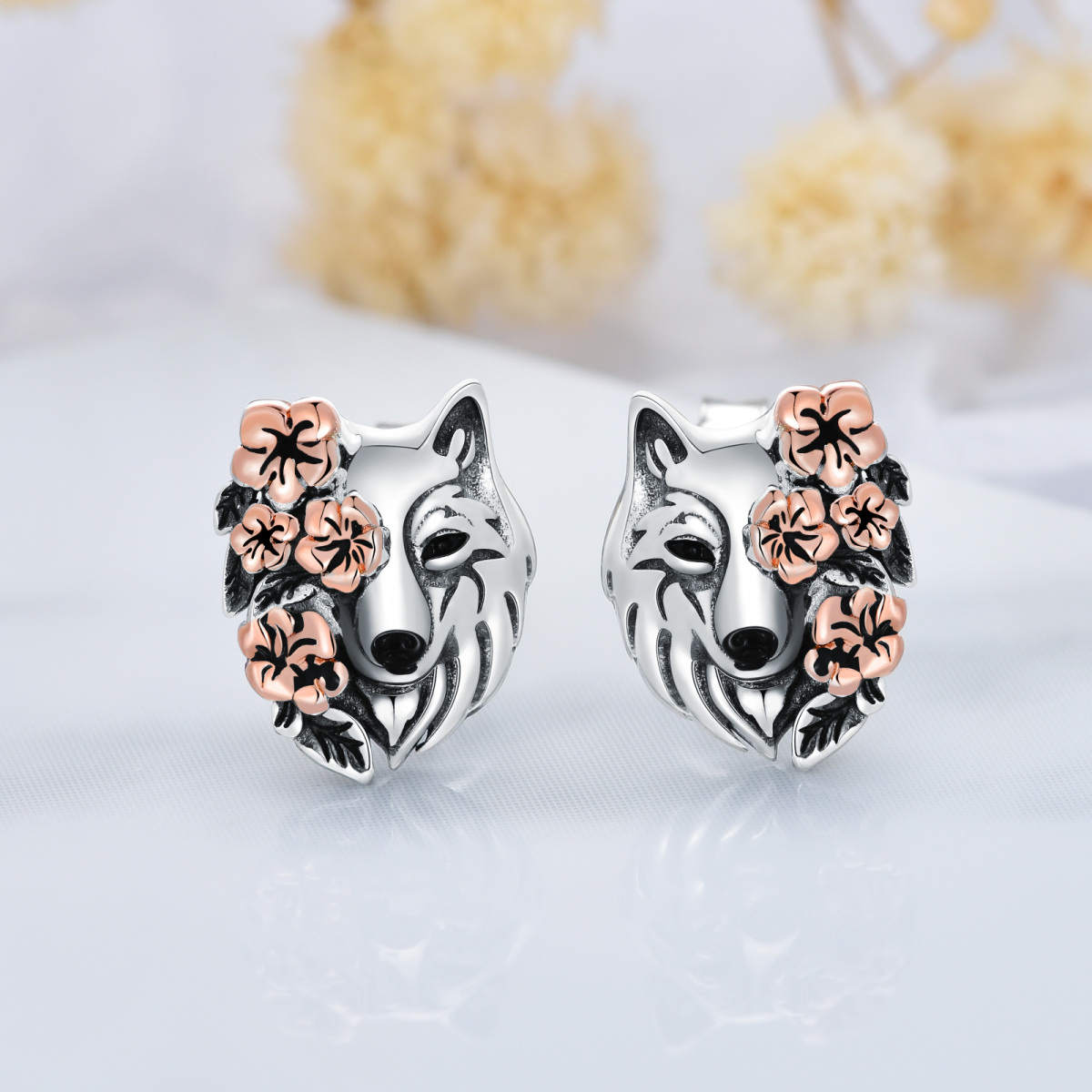 Sterling Silver Two-tone Wolf Stud Earrings-3