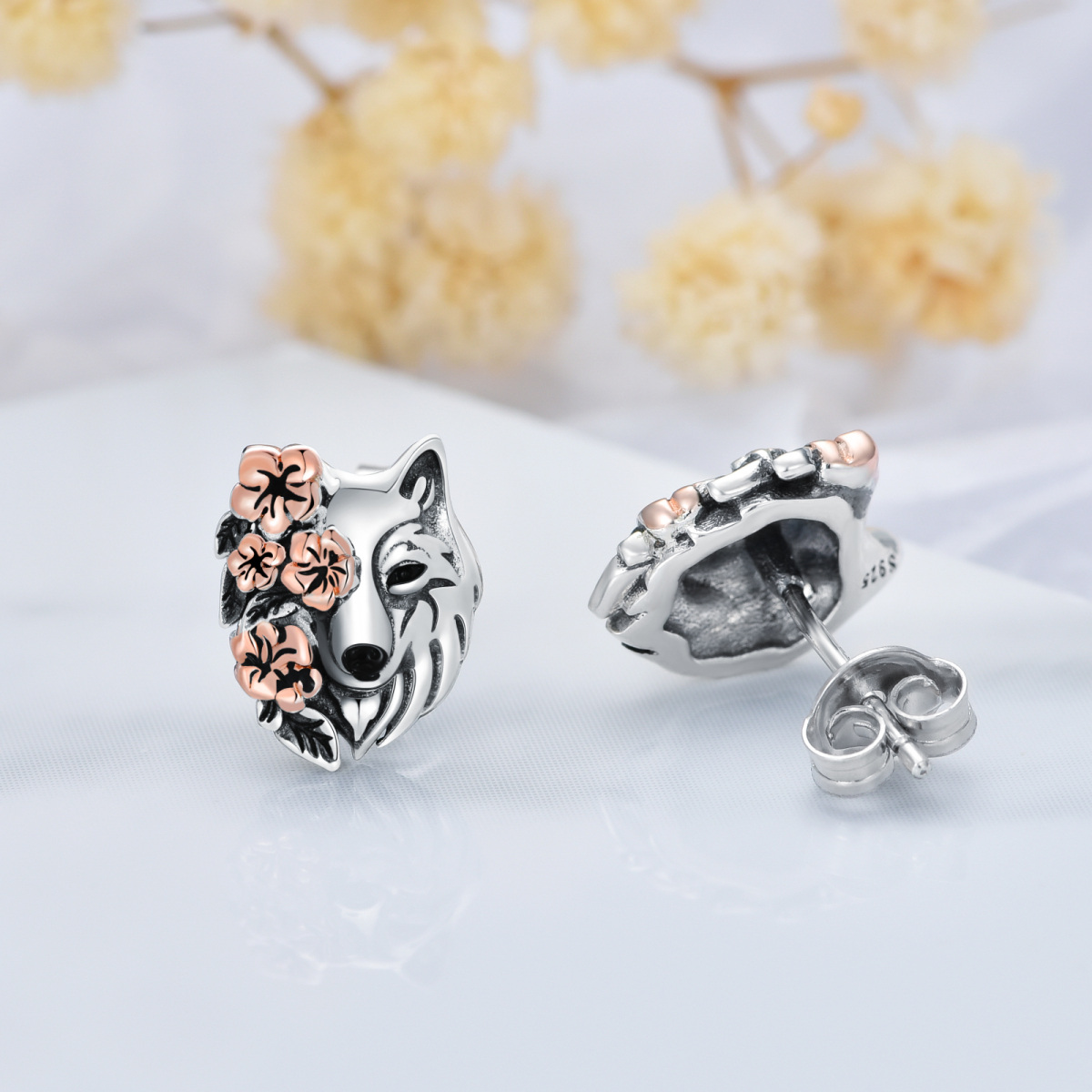 Pendientes lobo bicolor en plata de ley-4