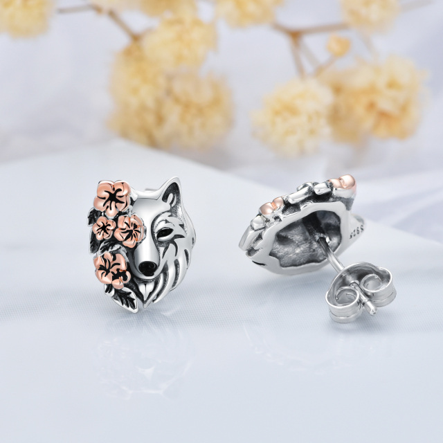 Sterling Silver Two-tone Wolf Stud Earrings-4