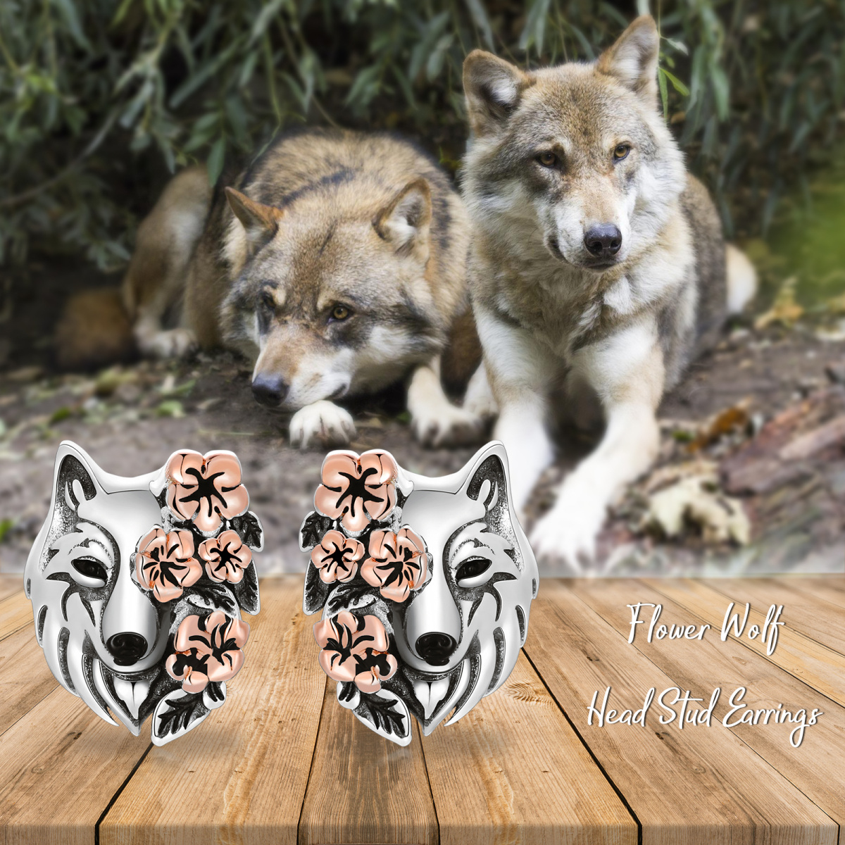 Pendientes lobo bicolor en plata de ley-6