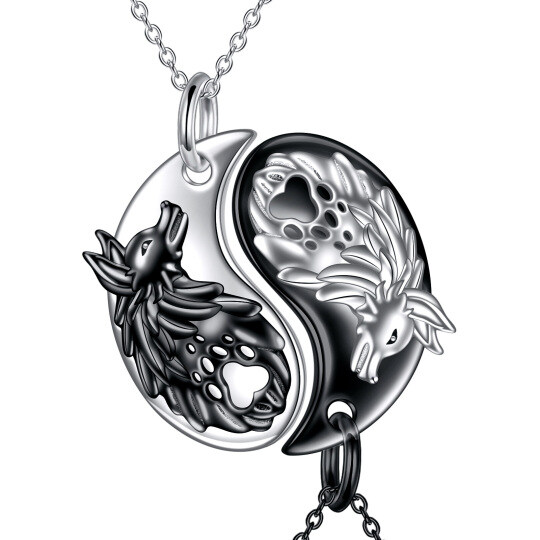 Sterling Silver Two-tone Wolf & Yin Yang Couple Pendant Necklace for Men Women