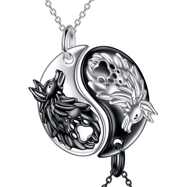 Sterling Silver Two-tone Wolf & Yin Yang Couple Pendant Necklace for Men Women-5