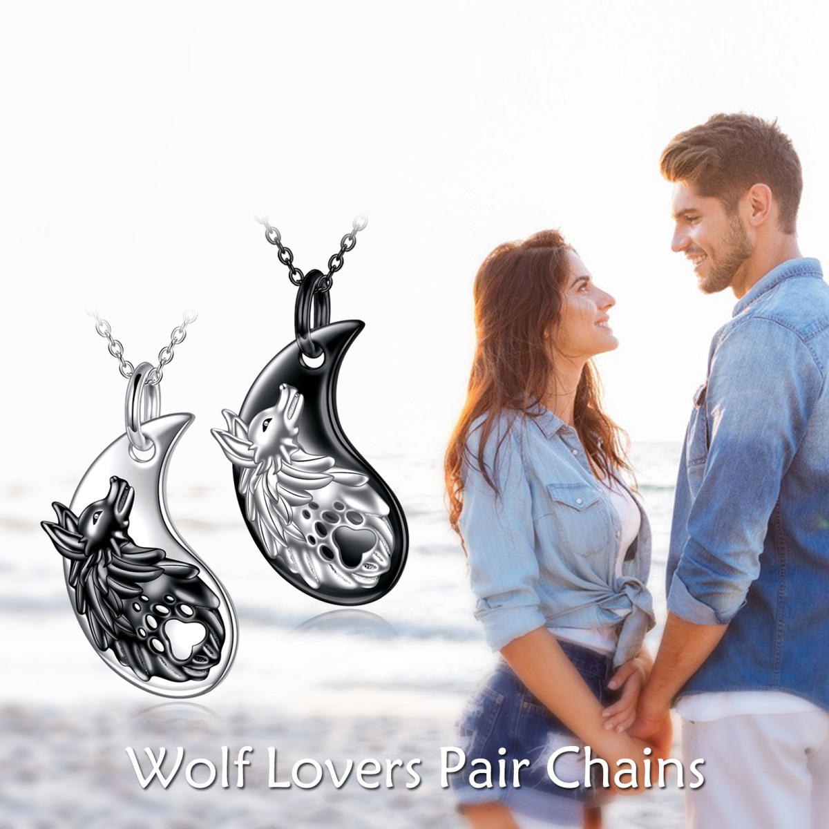 Sterling zilveren two-tone Wolf & Yin Yang paar hanger ketting voor mannen vrouwen-3